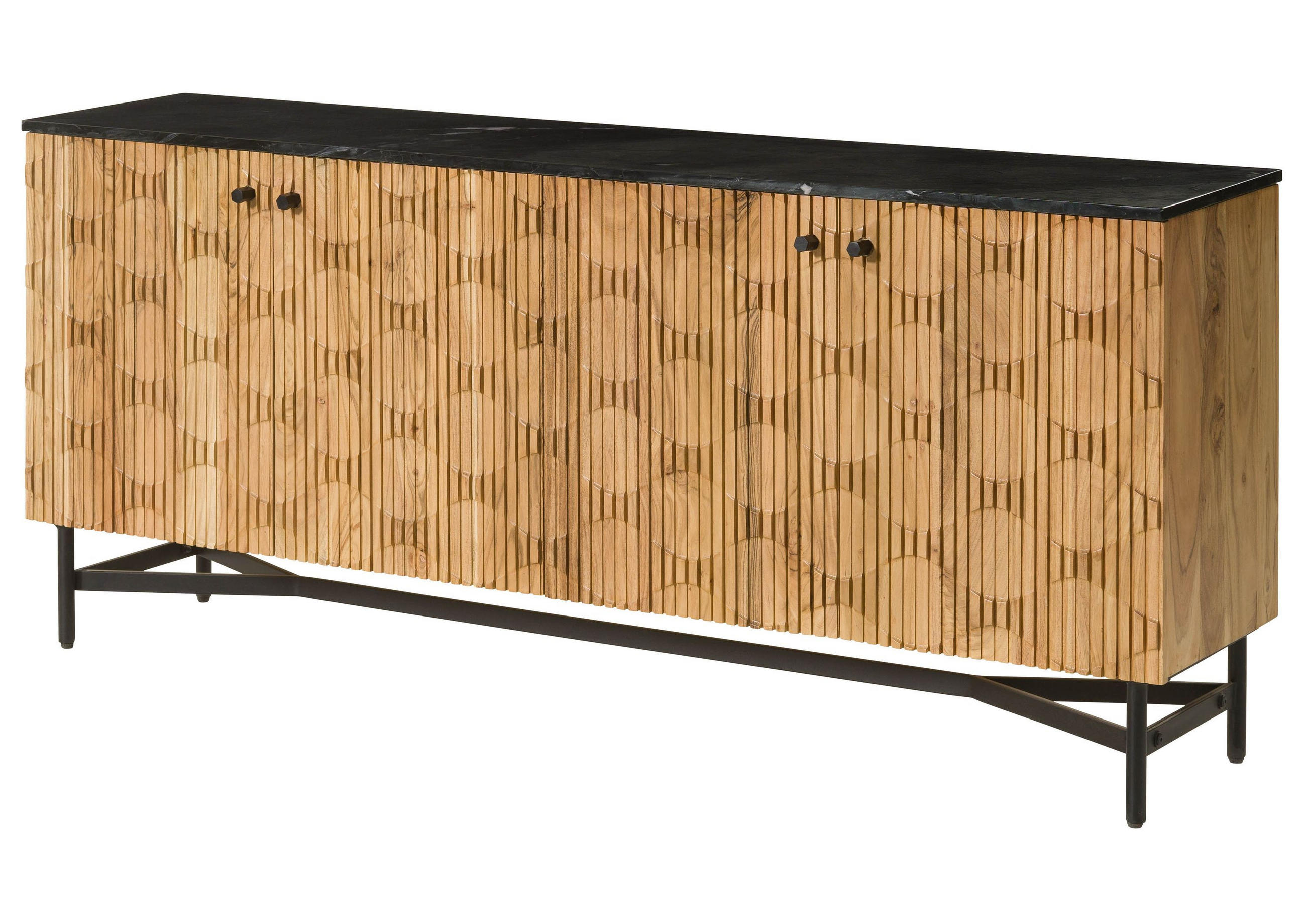 SIDEBOARD Akazie 180x40x76 natur lackiert / Marmor schwarz LONDON #101 - Braun, Holz (180/76/40cm) - Massivmoebel24
