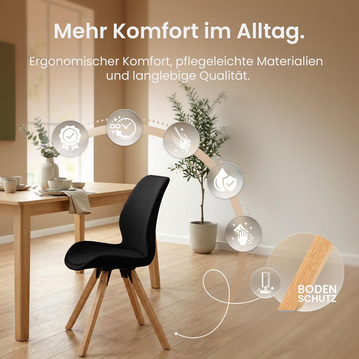 STUHL 4er Set Lederlook Schwarz - Eukalyptusholzfarben/Schwarz, Holz/Textil (49/87/58cm) - CLP