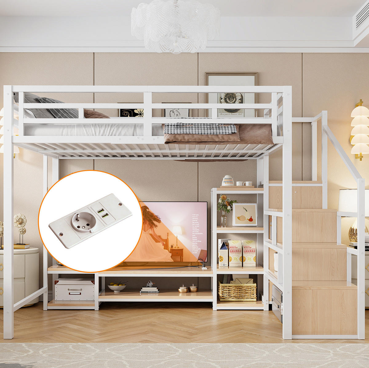 HOCHBETT 140/200 cm, Weiß mit TV-Ständer, Steckdose und Sicherheitsleiter - Weiß, Metall (140/200cm) - MIVRAY
