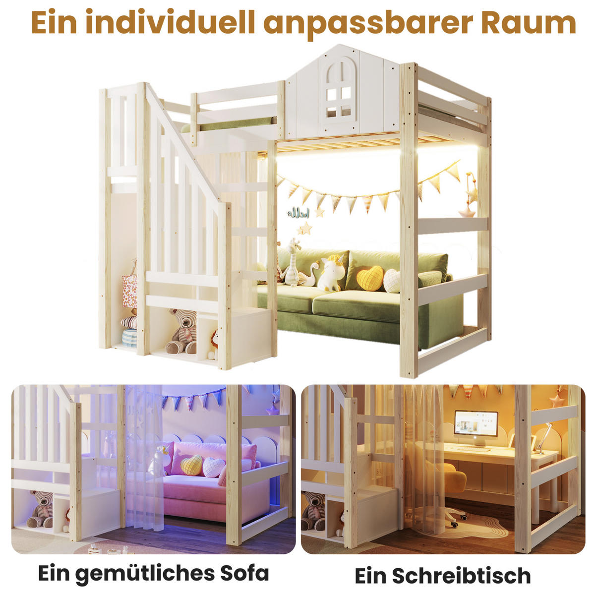 HOCHBETT 140/200 cm in Weiß/Natur – mit LED, Rausfallschutz und Ablageleiter - Weiß, Holzwerkstoff (140/200cm) - BEAOK