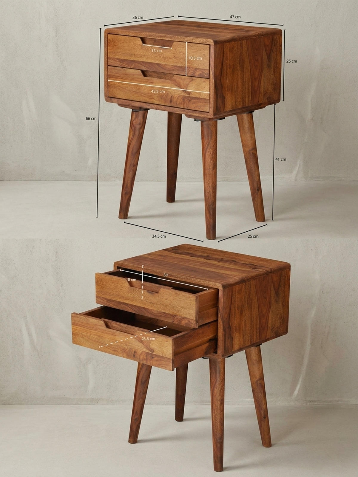 NACHTTISCH – Massivholz, 47x66x36 cm, 2 Schubladen, Landhausstil - Braun, Holz (47/66/36cm) - KADIMA DESIGN