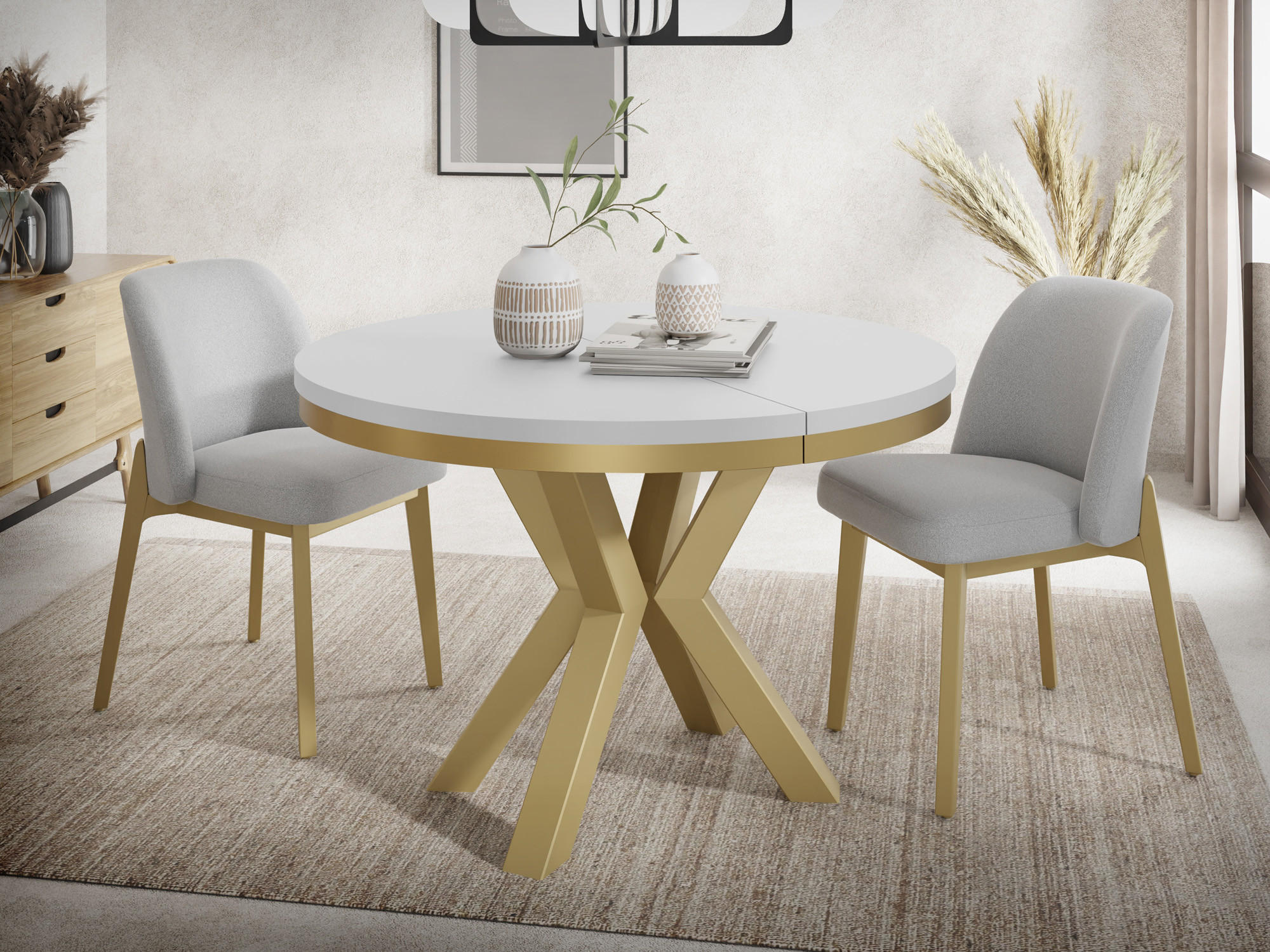 ESSTISCH Clara Gold runder ausziehbarer, Weiß 100-180/100/76 cm - Goldfarben/Weiß, Holzwerkstoff/Metall (100/100/76cm) - WFL GROUP