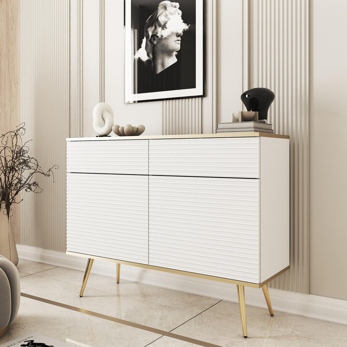 KOMMODE FORNO (Weiß, Rillenfront, Goldene Details, 2 Türen, 2 Schubladen, goldene Metallfüße, 107 cm) - Gelb/Goldfarben, Holz/Holzwerkstoff (107/85/39cm) - Ravio