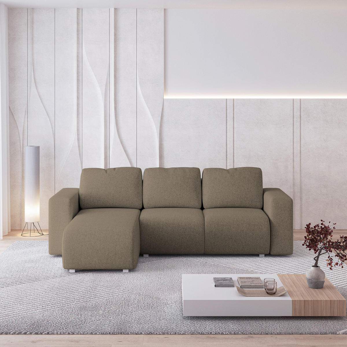 ECKSOFA RINOVA Braun Geflochtener Stoff mit Schlaffunktion - Braun, Holz (250/143cm) - MASSENO