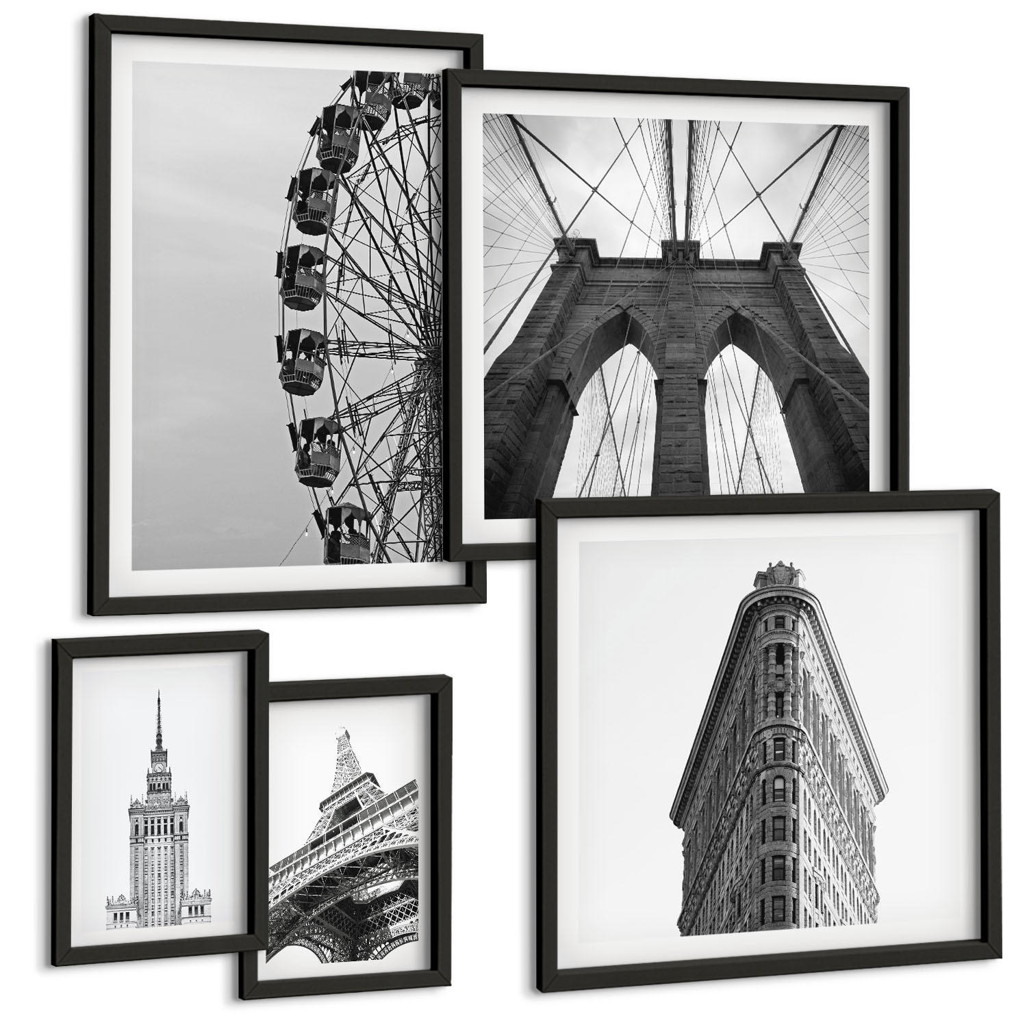 BILDER SET 5er Set - 50x50 cm & 20x30 cm & 40x60 cm Schwarzer Rahmen - Architektur Schwarz-Weiß-Minimalismus - Schwarz, Kunststoff (40/60cm) - TULUP