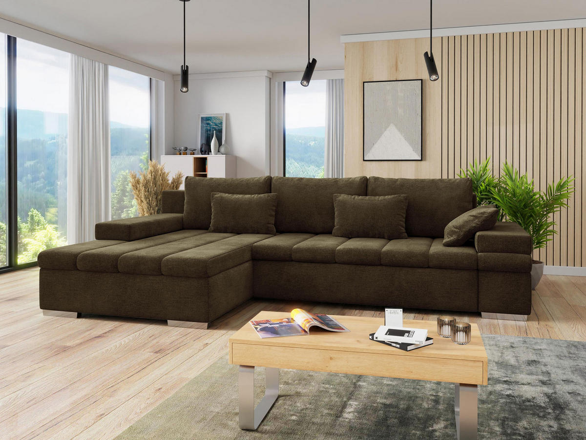 ECKSOFA Bangkok, Seite: Links - Dunkelbraun/Silberfarben, Holz/Textil (310/175cm) - MIRJAN24