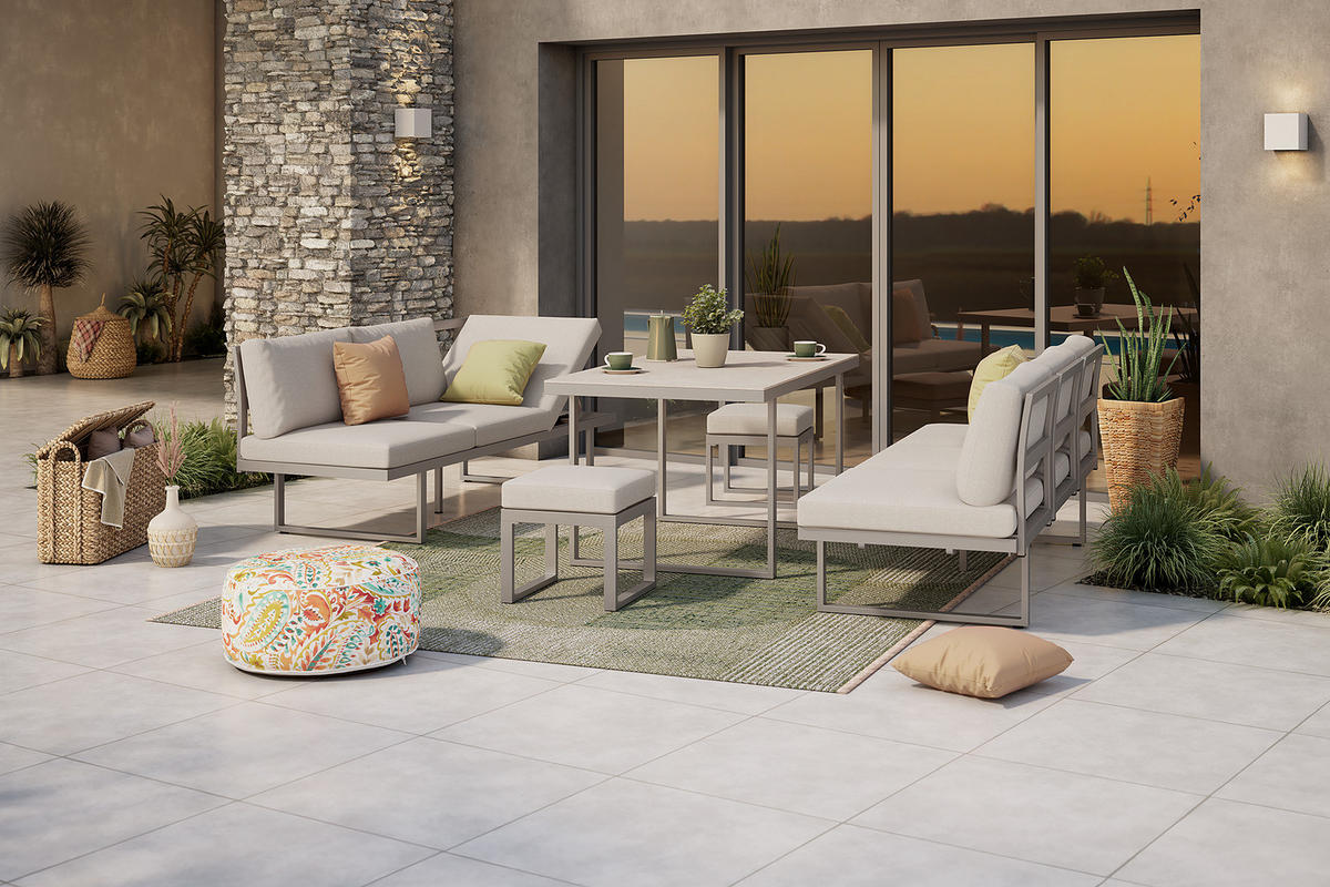 DINING-LOUNGESET - Aluminium / Polyester - Hellgrau - 5-teilig - Hellgrau, Glas/Textil - home24