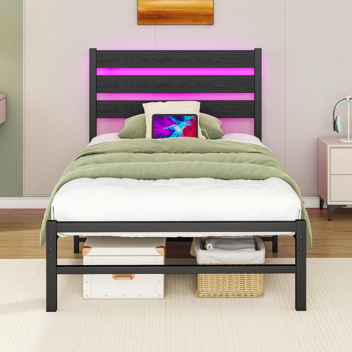 METALLBETT 90x200 cm LED USB Stauraum - Schwarz, Holzwerkstoff (90/200cm) - LEBENLANG