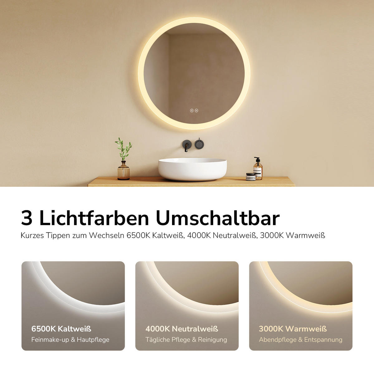 BADSPIEGEL Rund mit LED-Beleuchtung Lichtrand, 3 Lichtfarben, beschlagfrei, Ø 60 cm - Transparent, Glas (60/60/3.5cm) - EMKE