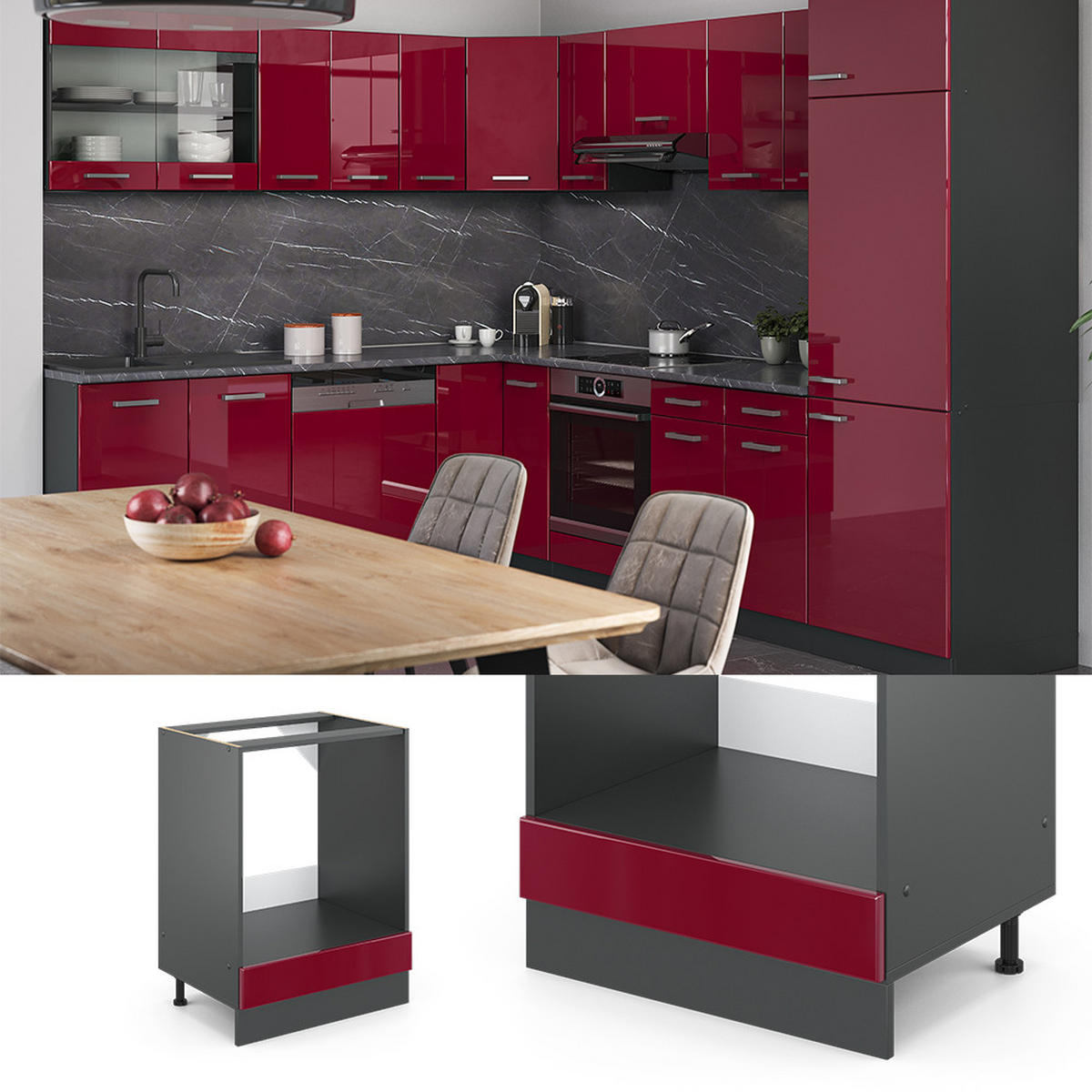 HERDUMBAUSCHRANK R-Line Rot Hochglanz 60 cm ohne Arbeitsplatte - Bordeaux/Anthrazit, Holzwerkstoff (60/81.6/46cm) - Vicco