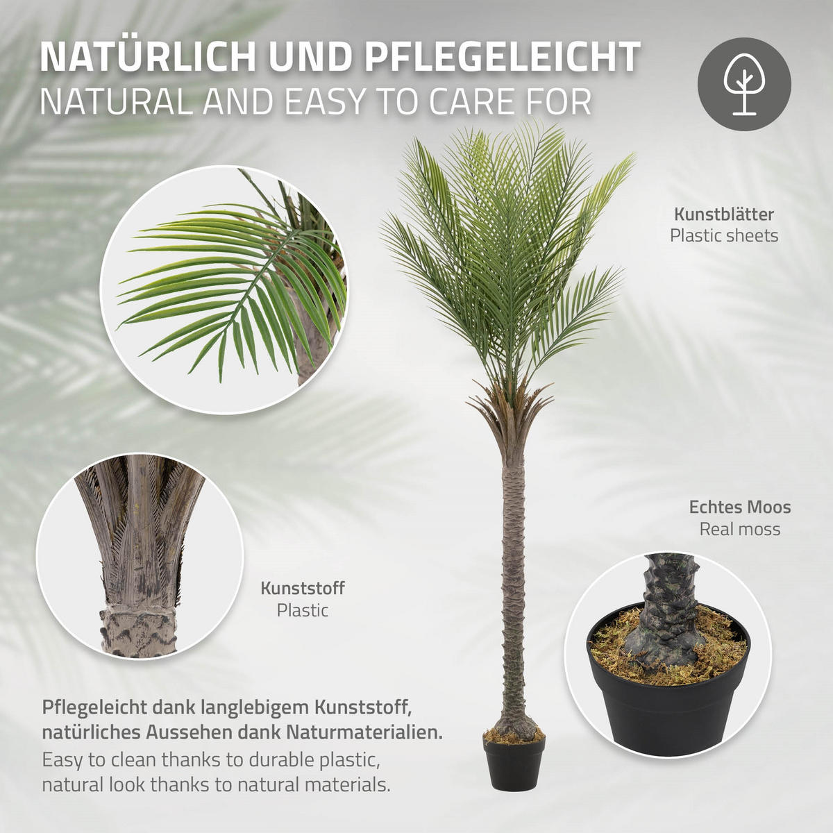 KUNSTPFLANZE Palme - Anthrazit/Grün, Holz/Kunststoff (180cm) - ML-DESIGN