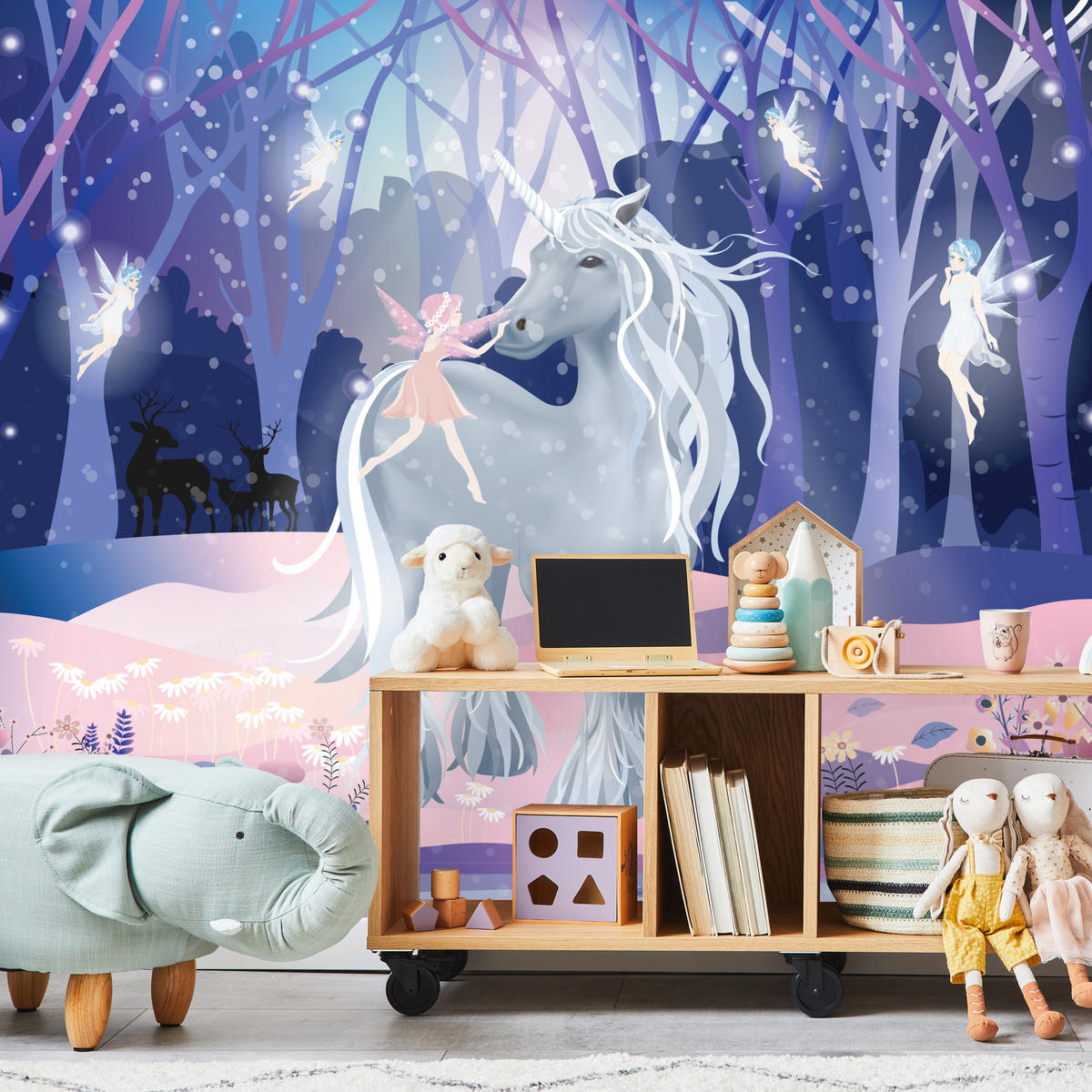 FOTOTAPETE für Kinderzimmer Einhorn Feen Magischer Wald 300x210 - Blau/Violett, Papier (300/210cm) - Muralo