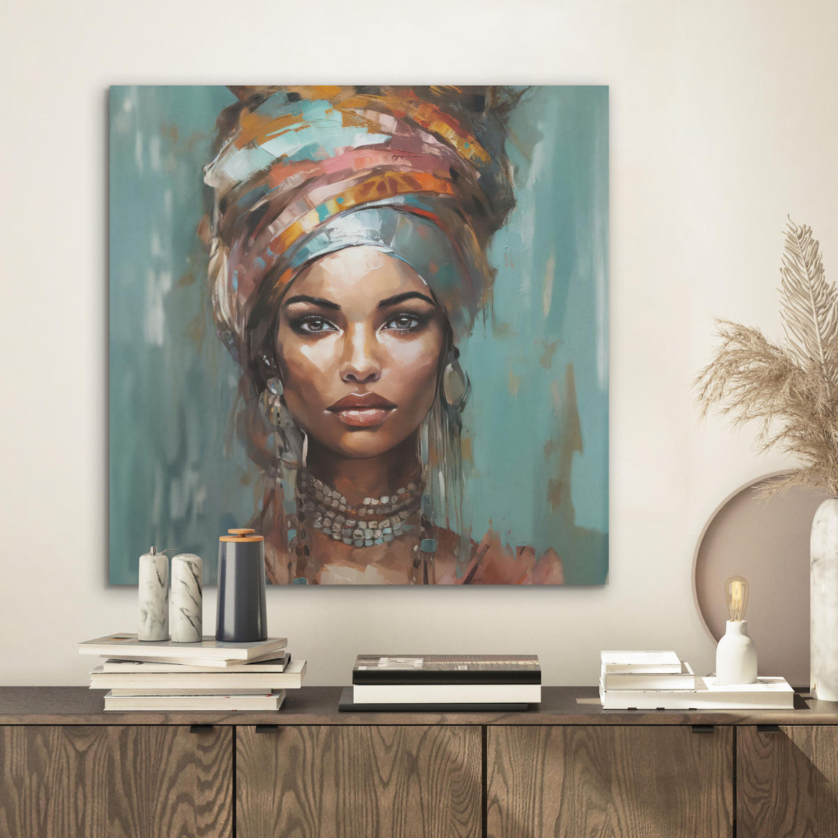 AKUSTIKBILD Frau - Kunst - Schmuck - Porträt Wandbilder 60x60 cm - Blaugrau, Kunststoff (60/60/0.9cm) - MuchoWow