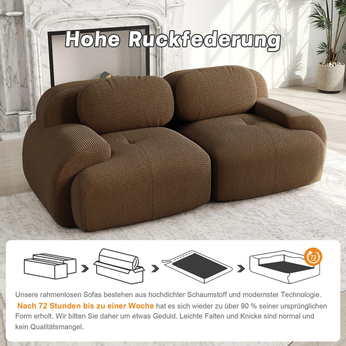 SOFA 2-Sitzer in Braun aus Cord mit modularem Design und geschwungenen Armlehnen - Braun, Textil (208/75/103cm) - CHICFURN