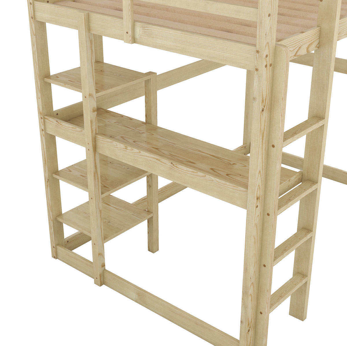 KINDERHOCHBETT aus Kiefernholz 140x200 cm Natur mit Schreibtisch und 4 Ablagefächern - Naturfarben, Holzwerkstoff (140/200cm) - IVMEU
