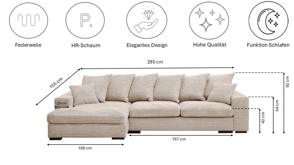 ECKSOFA Mit Schlaffunktion Und Bettkasten Couch L-form Gabon Stoff Zoom Creme Links - Creme, Holz (155/285cm) - Kaiser Möbel