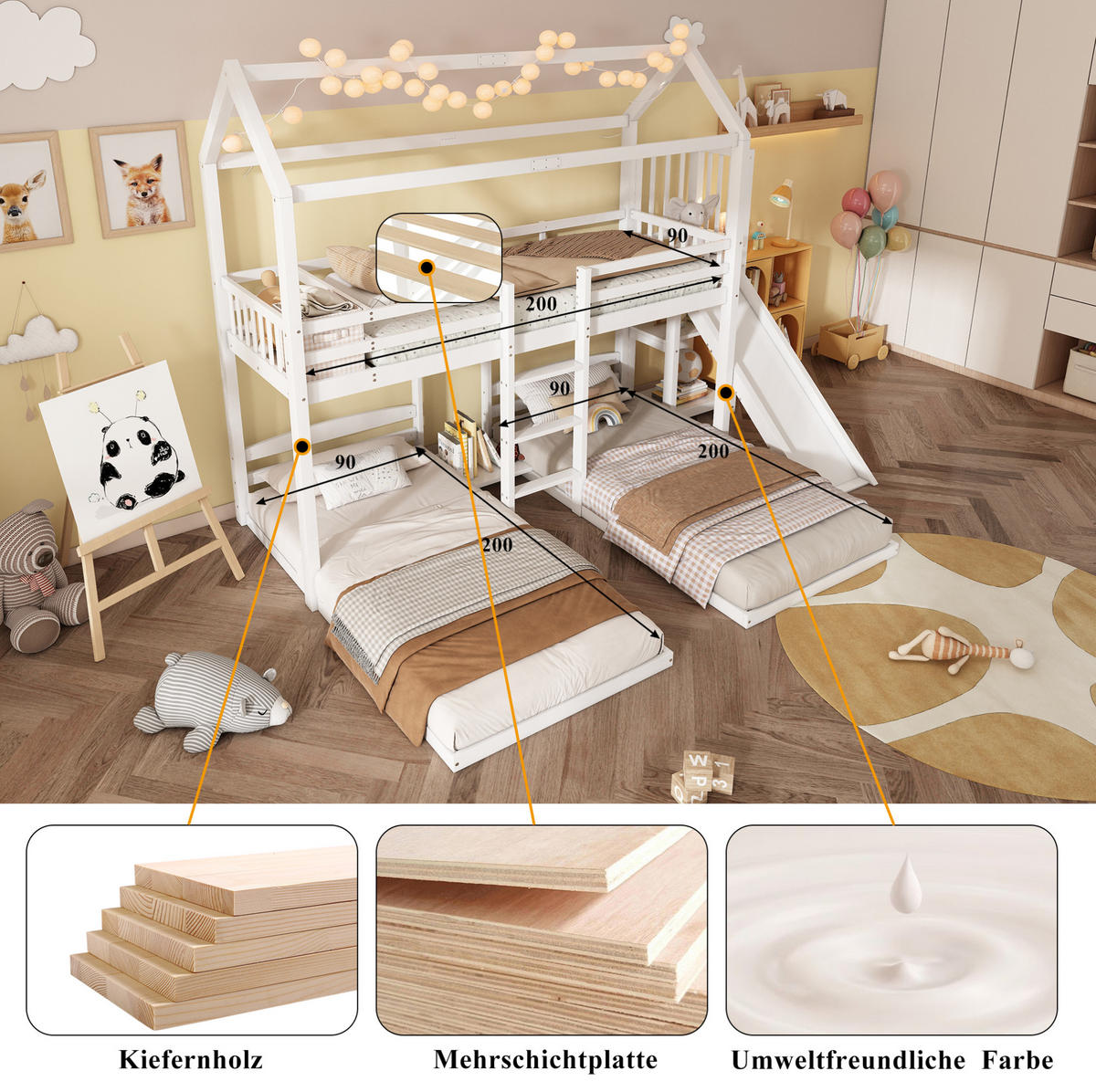 ETAGENBETT aus Kiefer und MDF 90x200 cm Weiß mit Rutsche, Leiter, Dachdesign und 3 Schlafplätzen - Weiß, Holzwerkstoff (90/200cm) - Modfu