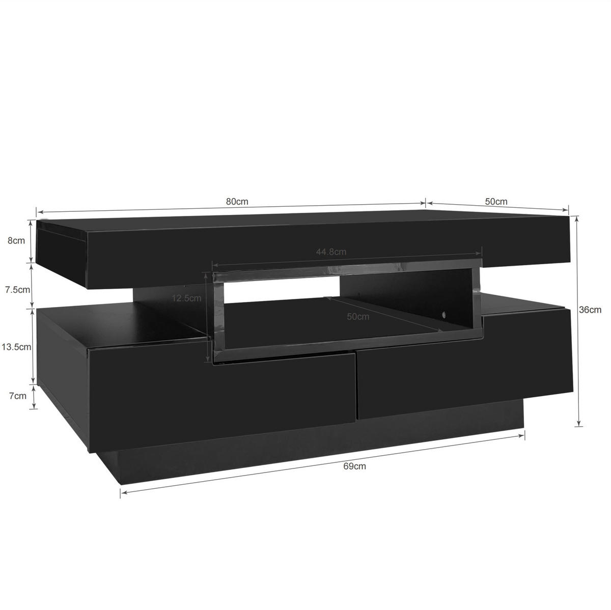COUCHTISCH, Hochglanz-Spanplatte in Schwarz mit einstellbarer LED-Lichtleiste, 80/50/36 cm, Schwarz - Schwarz, Holzwerkstoff (80/50/36cm) - Redom