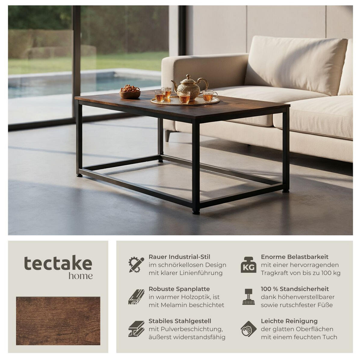 COUCHTISCH Lynch,100 x 55 x 45,5 cm,Industrial Holz dunkel, rustikal - Rostfarben, Holzwerkstoff (100/55/45.5cm) - tectake