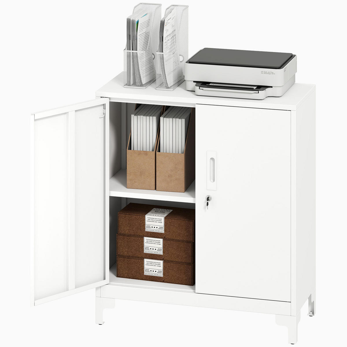 BÜROSCHRANK DE-09671 verschließbare Türen, 2-stufiges Design Weiß - Weiß, Metall (35/91/80cm) - ComfortXL