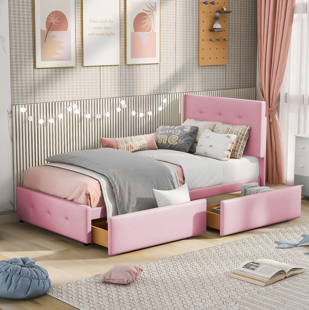 KINDERBETT Polsterbett 90/200 cm aus Samt mit Lattenrost und Schublade Rosa - Pink, Textil (90/200cm) - Modenvie
