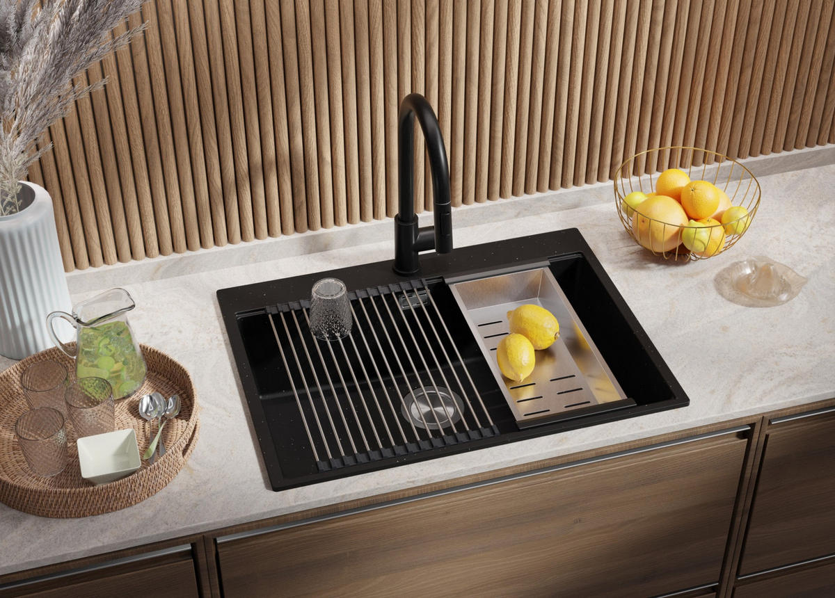 SPÜLBECKEN Oslo, 2-er set Schwarz Metallic 68/50 cm 1 Becken + Ablauf-Set + Schneidebrett ab 70er Unterschrank - Chromfarben/Schwarz Hochglanz, Kunststoff (68/20/50cm) - Primagran