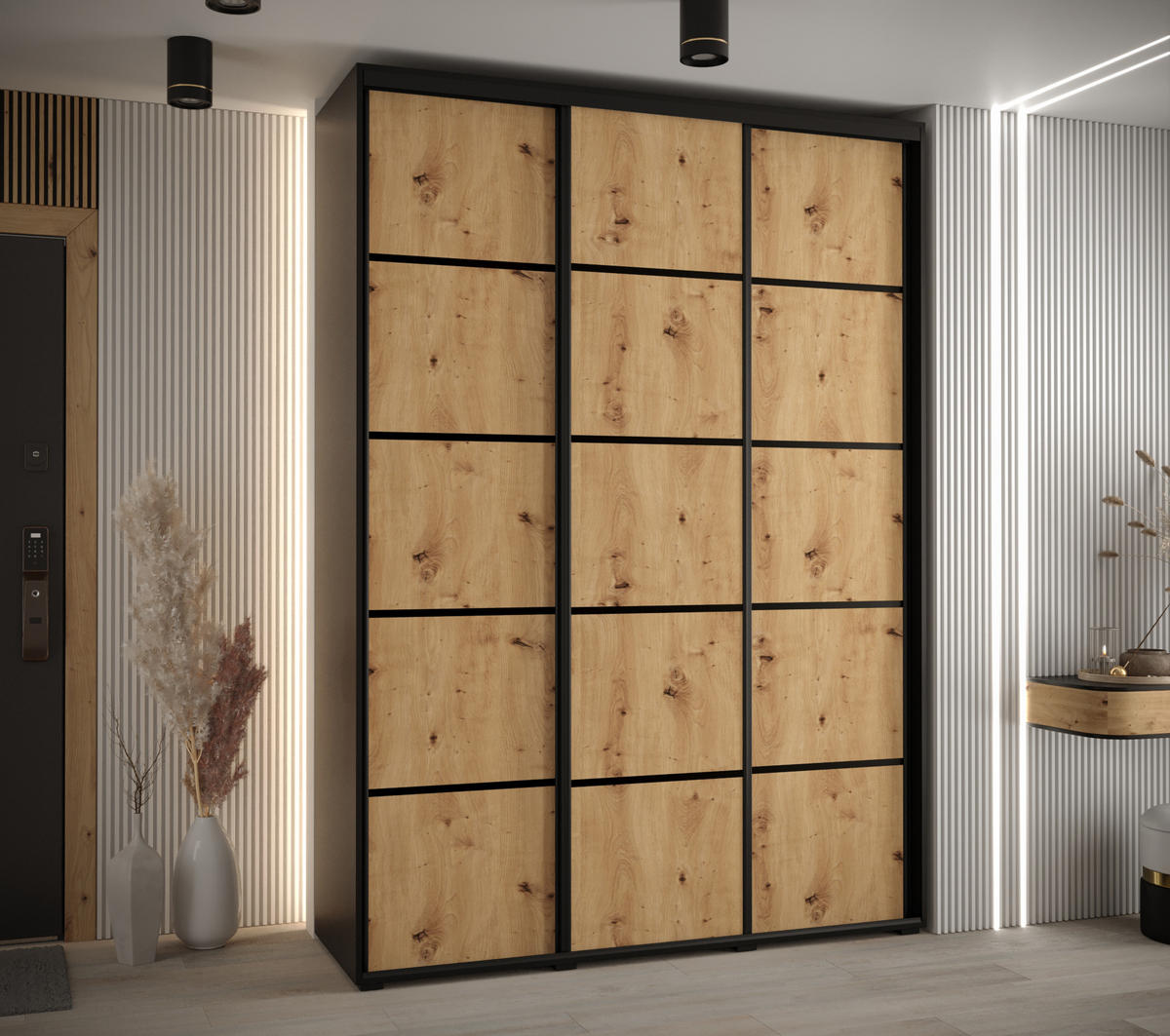 SCHWEBETÜRENSCHRANK 235,2/170/45 3-türig - Schwarz/Eiche Artisan, Holz/Metall (170/235/45cm) - Abiks Möbel