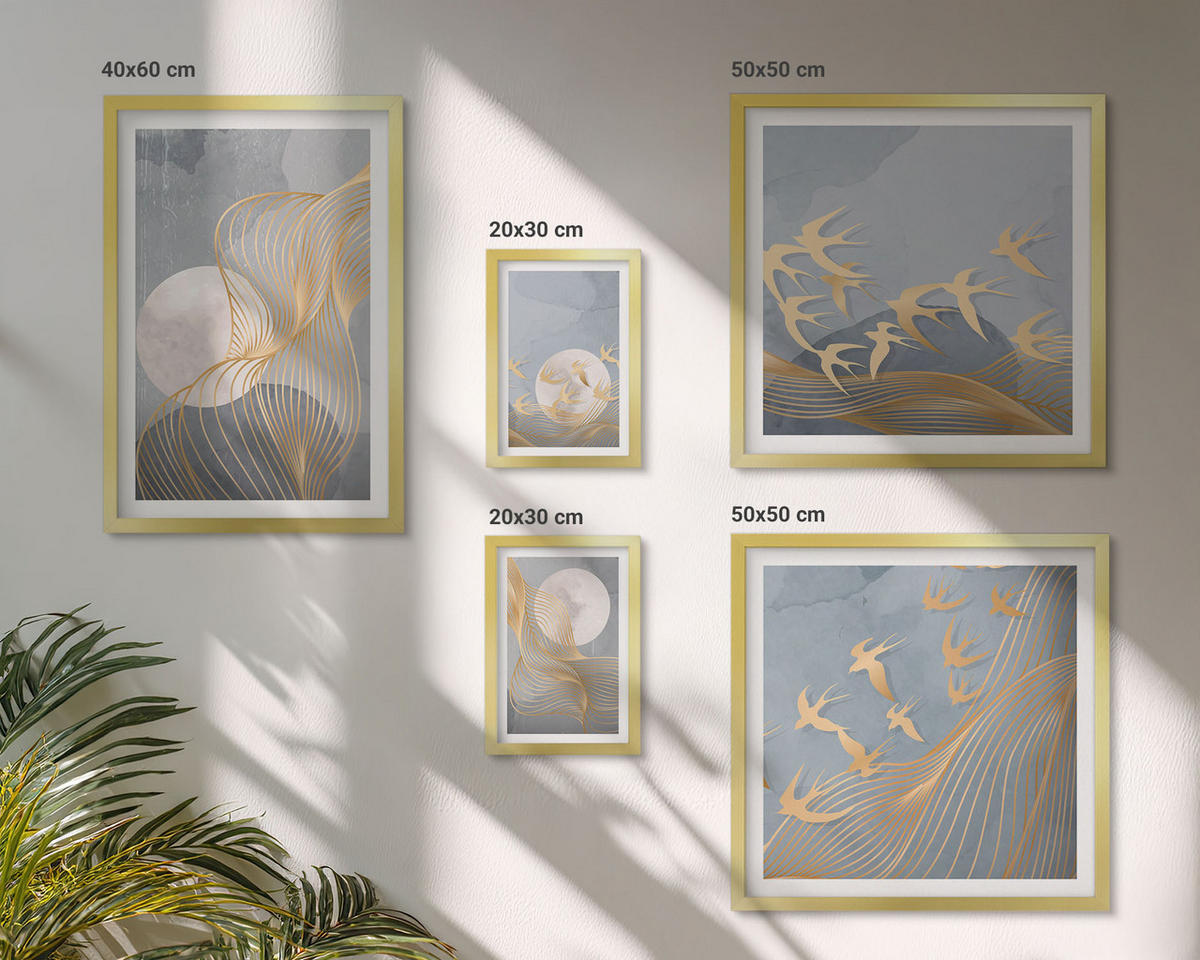 BILDER SET 5er Set - 50x50 cm & 20x30 cm & 40x60 cm Goldrahmen - Abstrakte Wellenkreise, grau - Goldfarben, Kunststoff (40/60cm) - TULUP
