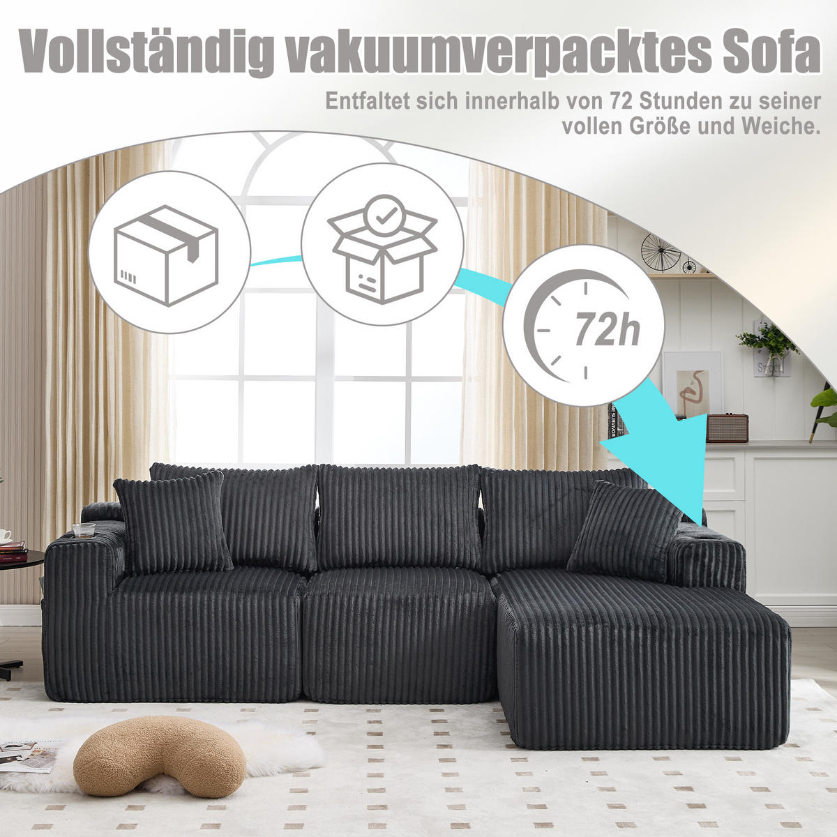 MODULARES Sofa Cord Chaiselongue und 2-Sitzer mit Kissen Taschen und Getränkehaltern 257/90 160/62 cm Grau - Grau, Textil (160/257cm) - Redom