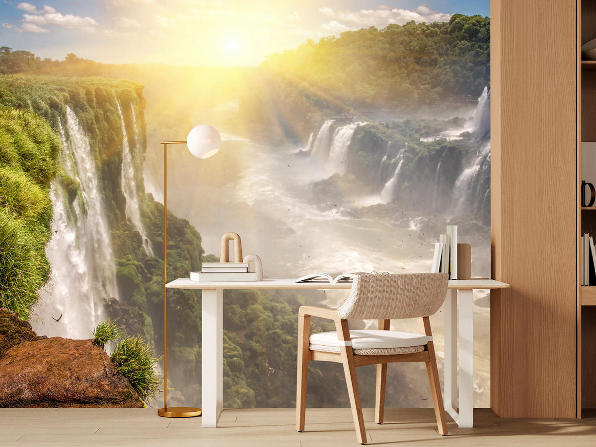 FOTOTAPETE für Wohnzimmer Wasserfall Sonnenaufgang Pflanzen 300x210 - Gelb/Beige, Papier (300/210cm) - Muralo