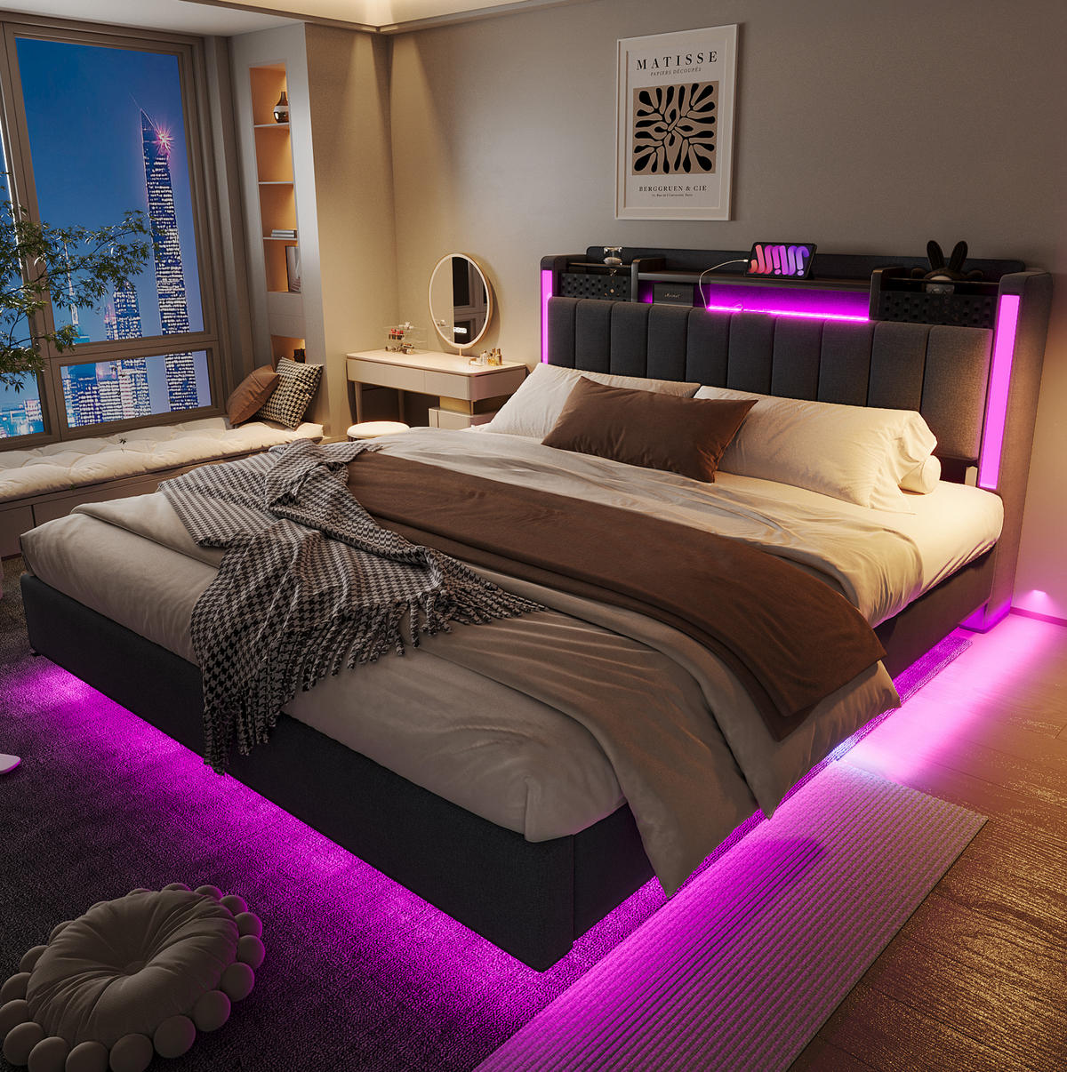 ČALÚNENÁ posteľ 160/200 cm s LED osvetlením, USB nabíjaním a úložným čelom, Sivá - sivá, textil (160/200cm) - Redom