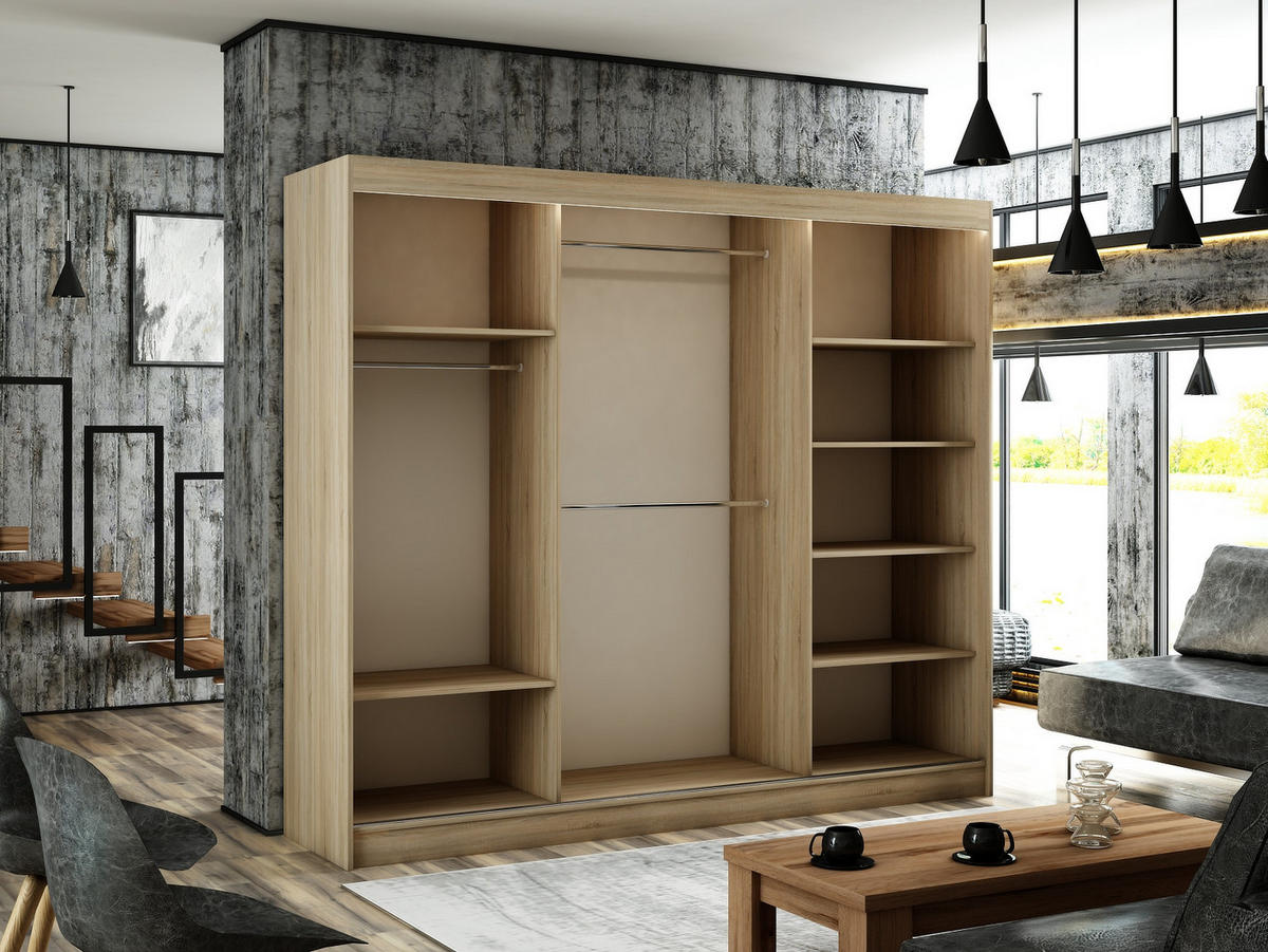 SCHWEBETÜRENSCHRANK Porto III 250 cm 3-türig, Eiche sonoma, lacobel weiß, Sprosse - Weiß/Sonoma Eiche, Kunststoff (250/215/61cm) - Margaret Hadas24