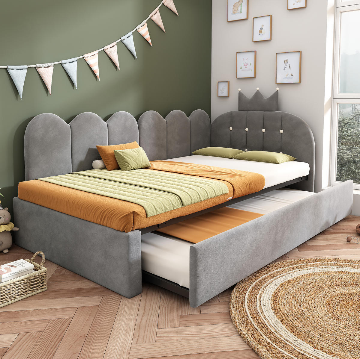 POSTEĽ s výsuvným lôžkom 90/200 cm sivá zo zamatu s korunovým a mriežkovým čelom - sivá, textil (90/200cm) - OKWISH