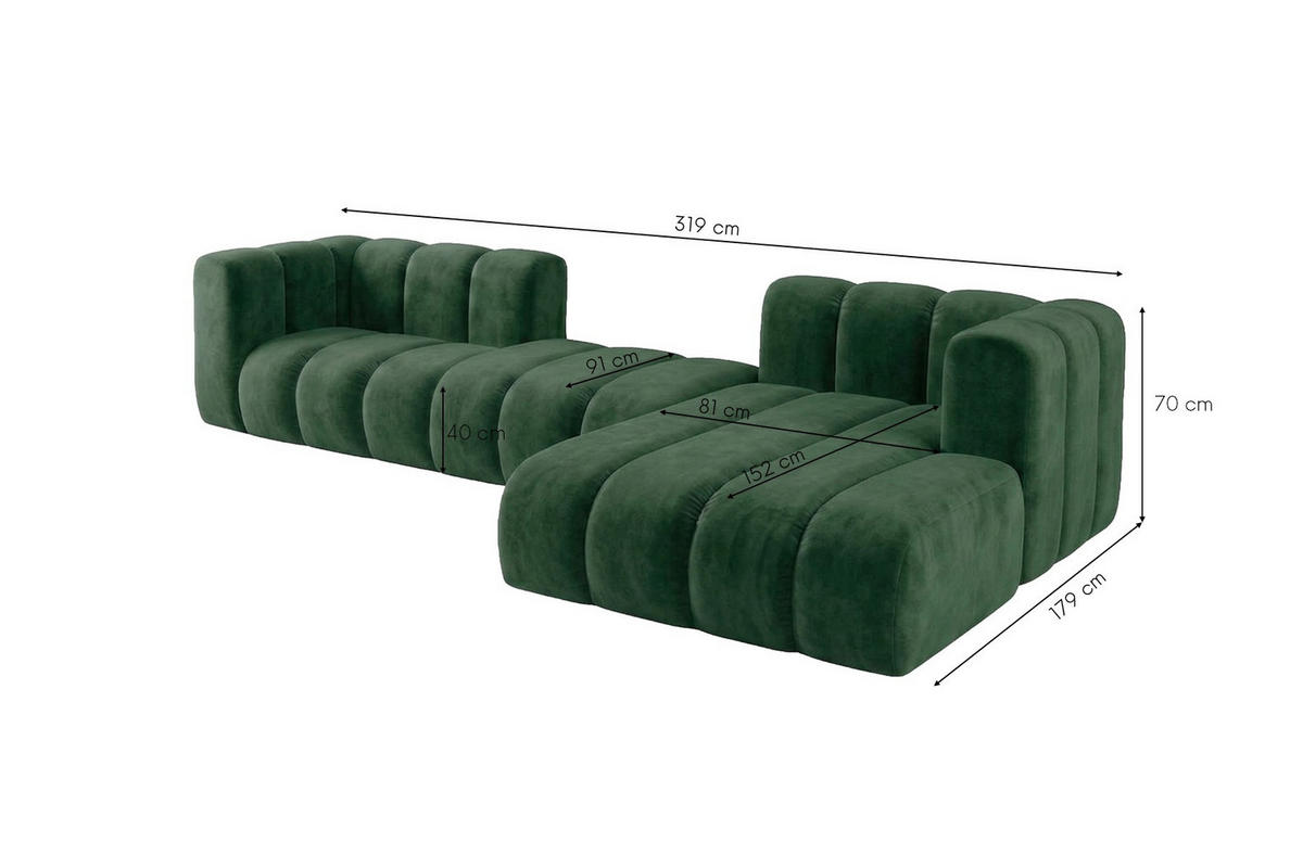 ECKSOFA Modulares In L-Form, Velvet-Stoff Riviera, Grün, Rechts, GRAND 319 cm - Grün, Holz (319/175cm) - Kaiser Möbel