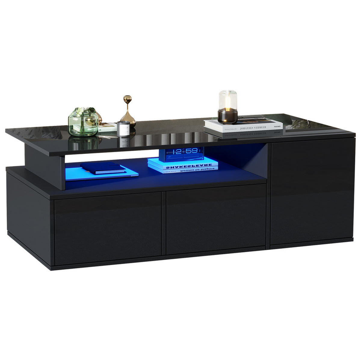 COUCHTISCH 100x50cm Schwarz LED 2 Schubladen 60kg Tragfähigkeit Stauraum - Schwarz, Holz (113.49/59.49/13cm) - FLIEKS