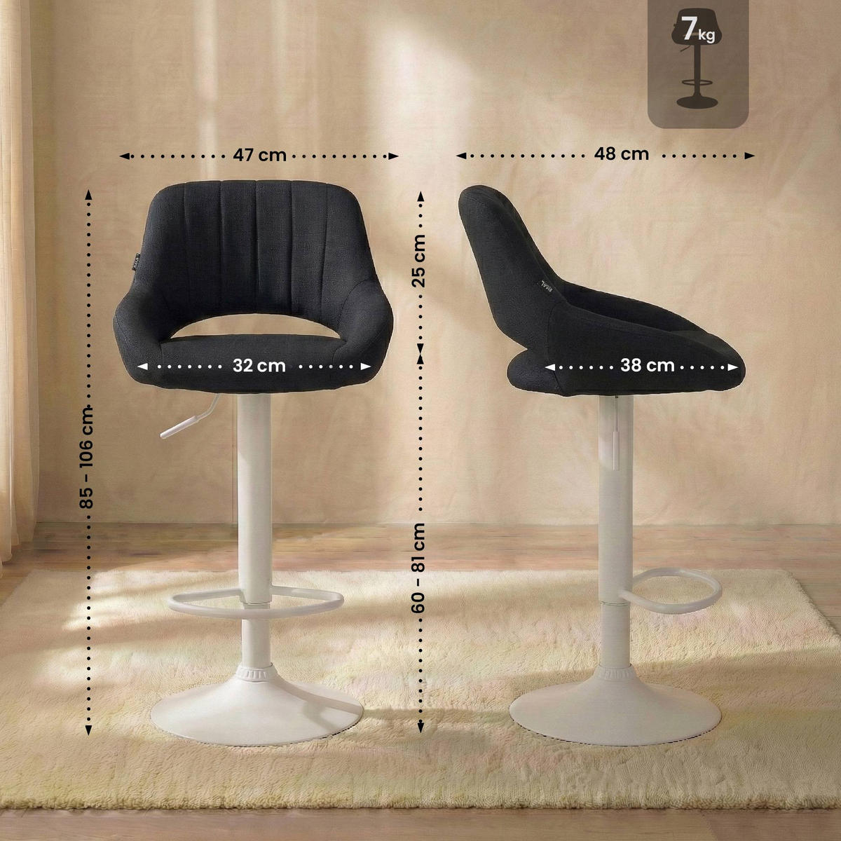 BARHOCKER Stoff schwarz - Schwarz/Weiß, Textil/Metall (47/85/48cm) - CLP