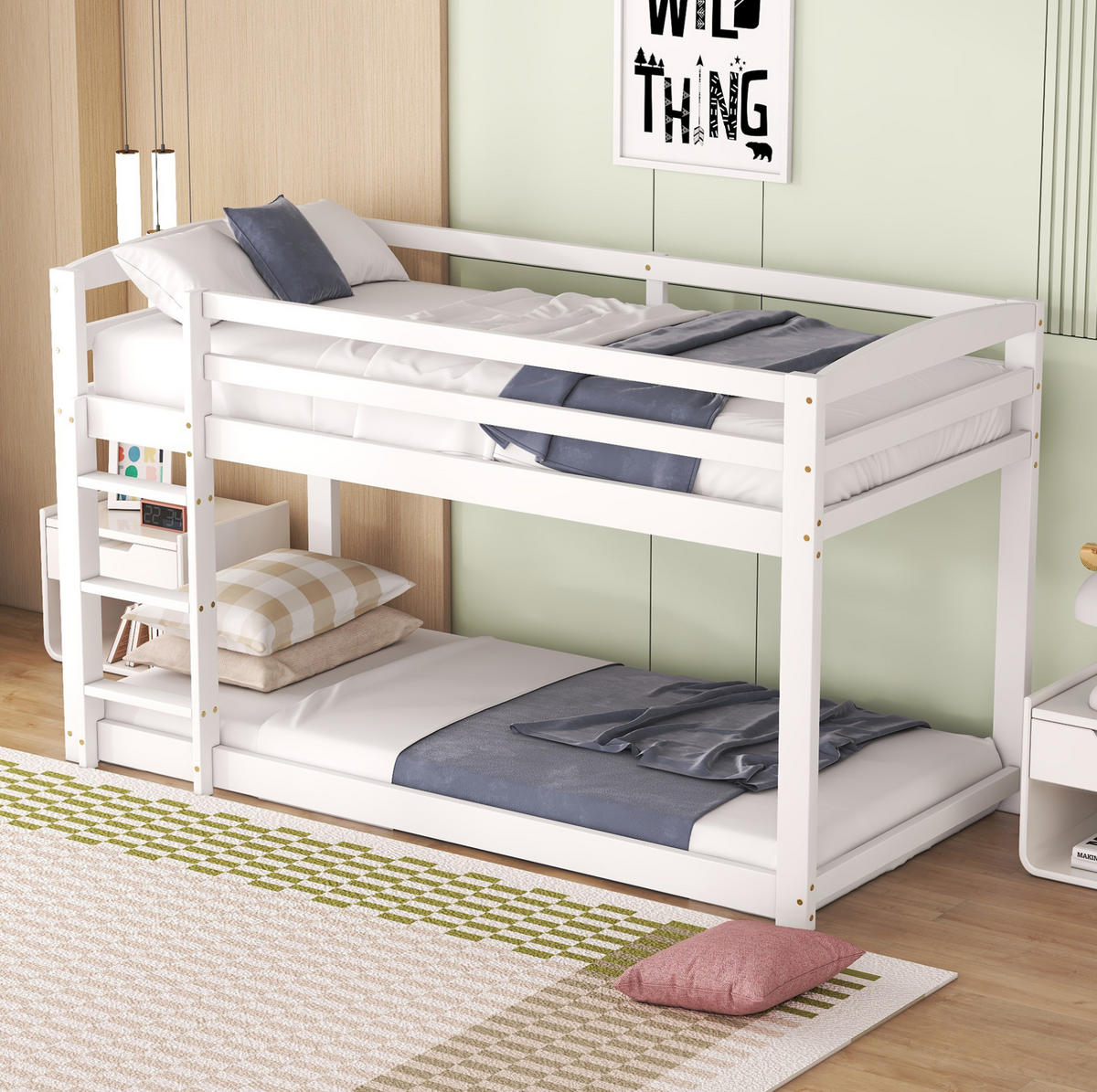ETAGENBETT aus Kiefer 90x200 cm Weiß mit niedrigem Profil, Sicherheitsgeländer und platzsparendem Design - Weiß, Holzwerkstoff (90/200cm) - Modfu