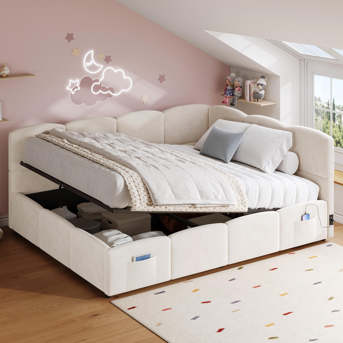 KINDERBETT Beige Samt 140x200 USB Stauraum Lattenrost - Beige, Textil (140/200cm) - FLIEKS