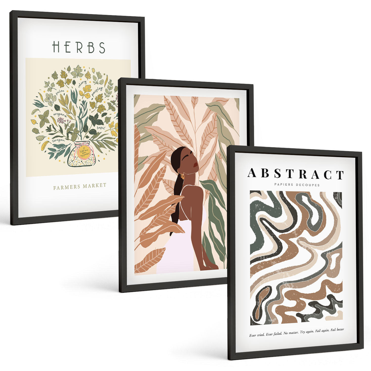 BILDER SET 3er Set - 40x60 cm Schwarzer Rahmen - Boho-Pastell-Minimalisten-Poster - Schwarz, Kunststoff (40/60cm) - TULUP