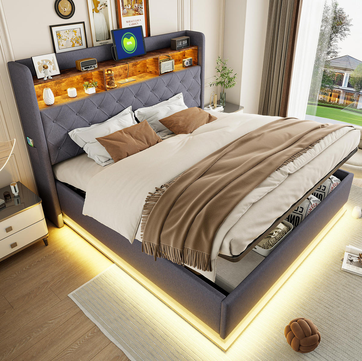 POLSTERBETT aus Stoff 180x200 cm Grau mit LED-Beleuchtung, USB-Anschluss und hydraulischem Stauraum - Grau, Textil (180/200cm) - IVMEU