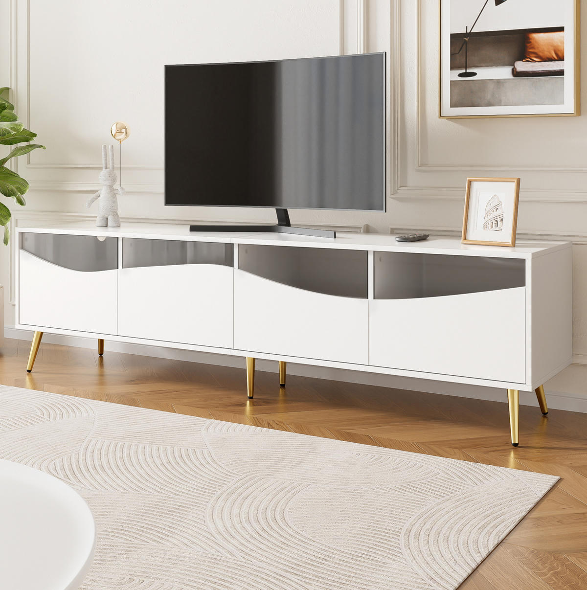 TV-LOWBOARD 180/40/50 cm mit LED-Beleuchtung, Glasfront und Kabeldurchlass - Weiß, Holzwerkstoff (180/50/40cm) - BEAOK