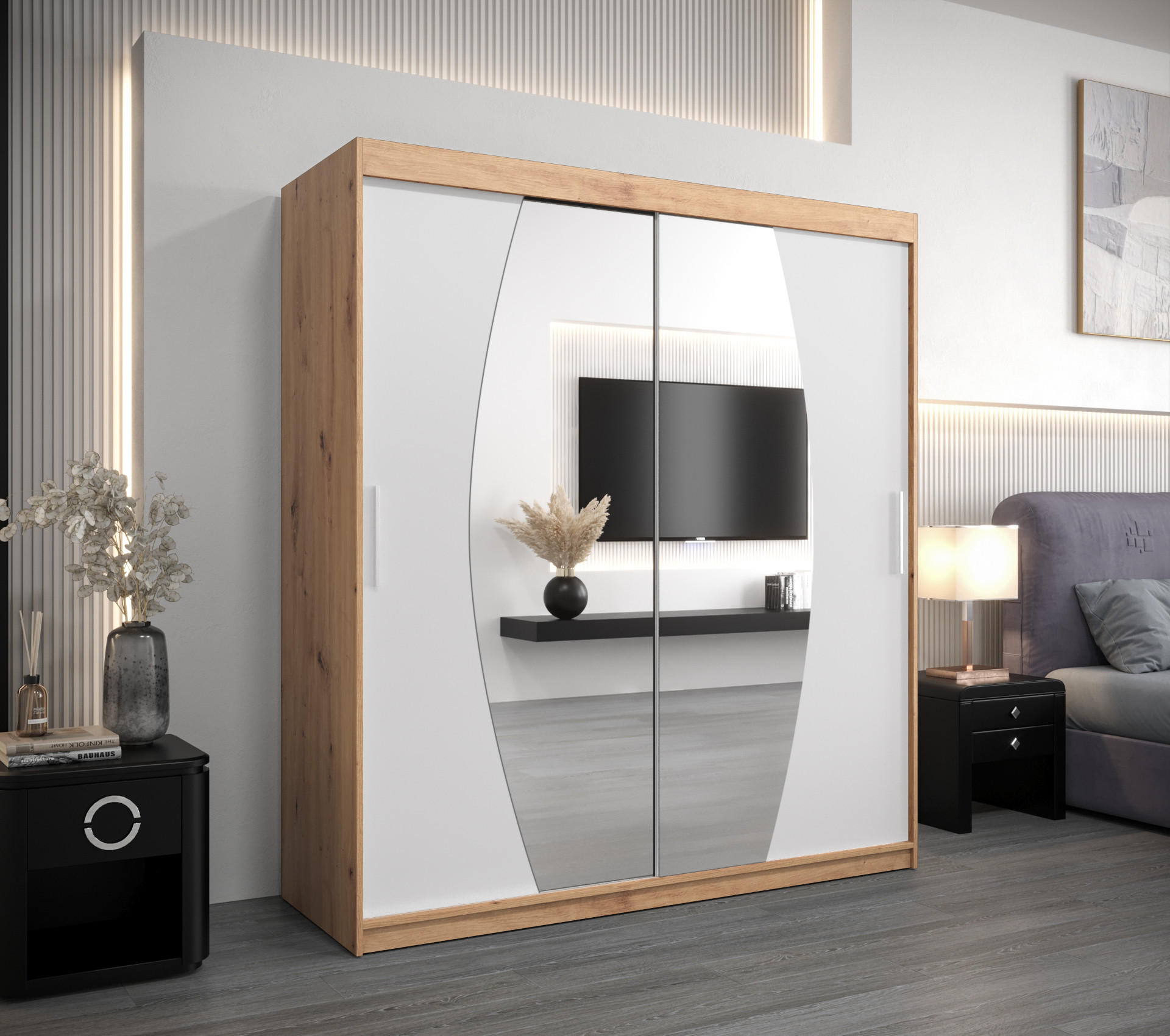 SCHWEBETÜRENSCHRANK 200/180/62 2-türig - Silberfarben/Weiß, Holz/Kunststoff (180/200/62cm) - Abiks Möbel
