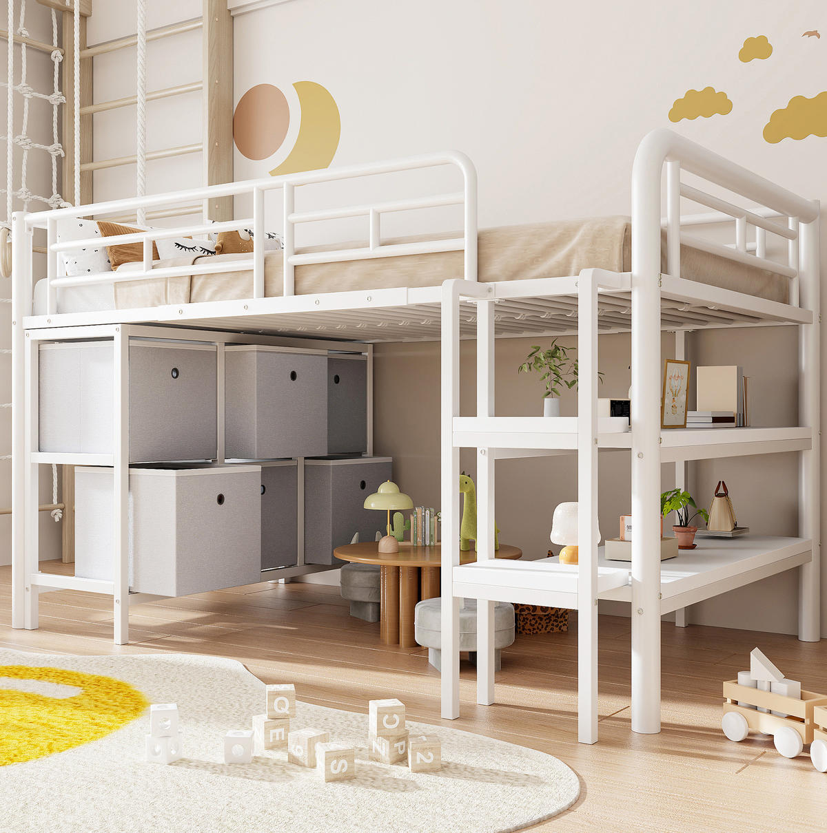 KINDERHOCHBETT 90/200 cm aus Metall mit Stauraum, breiter Treppe und Schubladen, Weiß - Weiß, Metall (90/200cm) - Redom