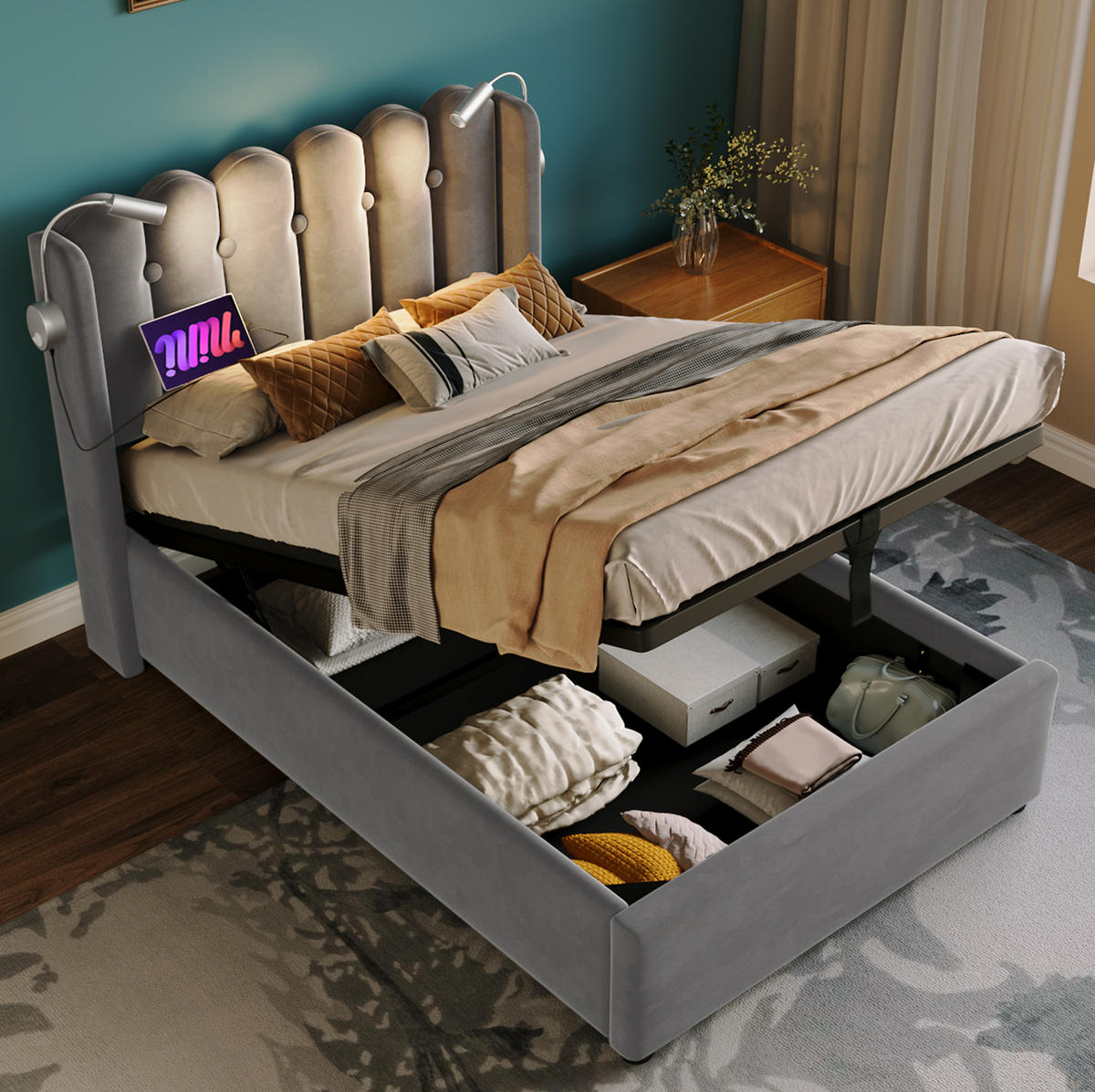 BETT mit Bettkasten, USB und Leselicht 90x200 cm Samt Grau - Grau, Metall (90/200cm) - Meubliv