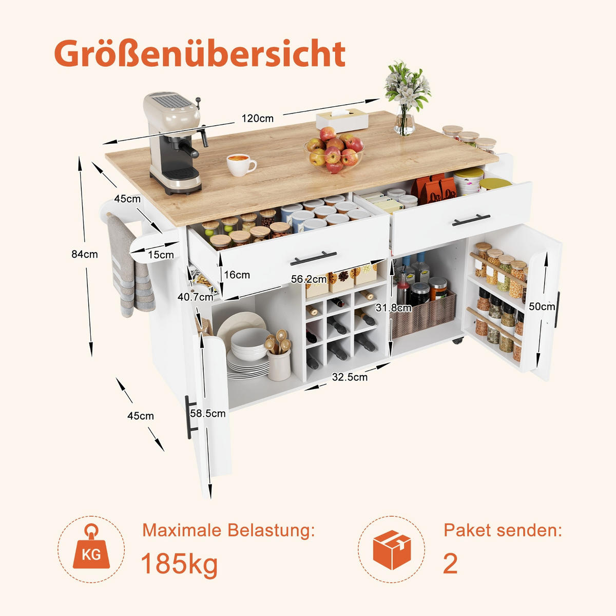 KÜCHENINSEL Mit ARBEITSPLATTE, Weiß, Holzwerkstoff, Für Küche Und Esszimmer, 120/45/84 cm - Weiß, Holzwerkstoff (45/84/120cm) - Rolipo