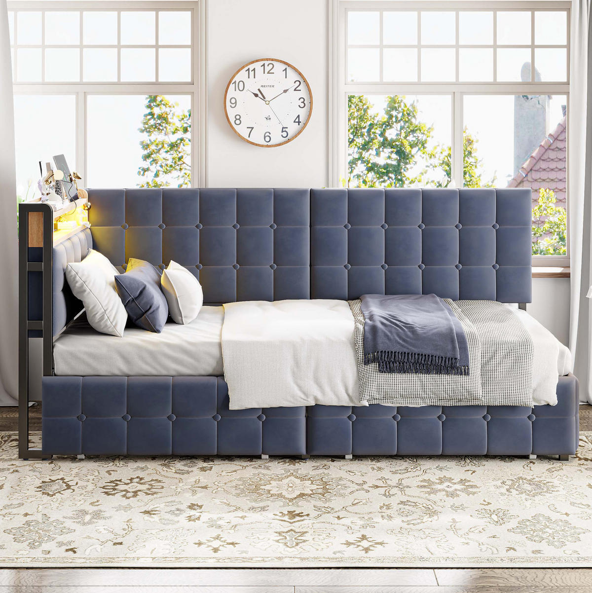 SCHLAFSOFA 90/200 cm mit LED-Beleuchtung, USB- und Typ-C-Anschluss, 2 Schubladen und Samtbezug, Grau - Grau, Textil (99/83.5/208.5cm) - Redom
