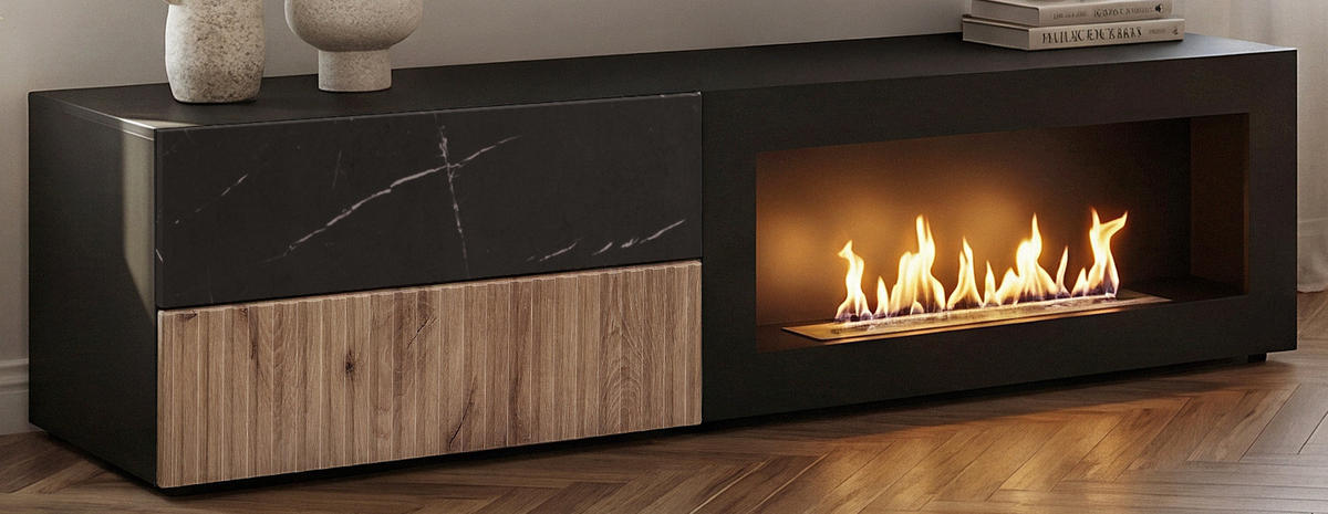 TV-LOWBOARD Eiche, Marmor schwarz 160 cm, TV Unterschrank Set mit Ethanol Kamin - Eichefarben/Schwarz, Holzwerkstoff/Kunststoff (160/180/45cm) - Inn.Furn
