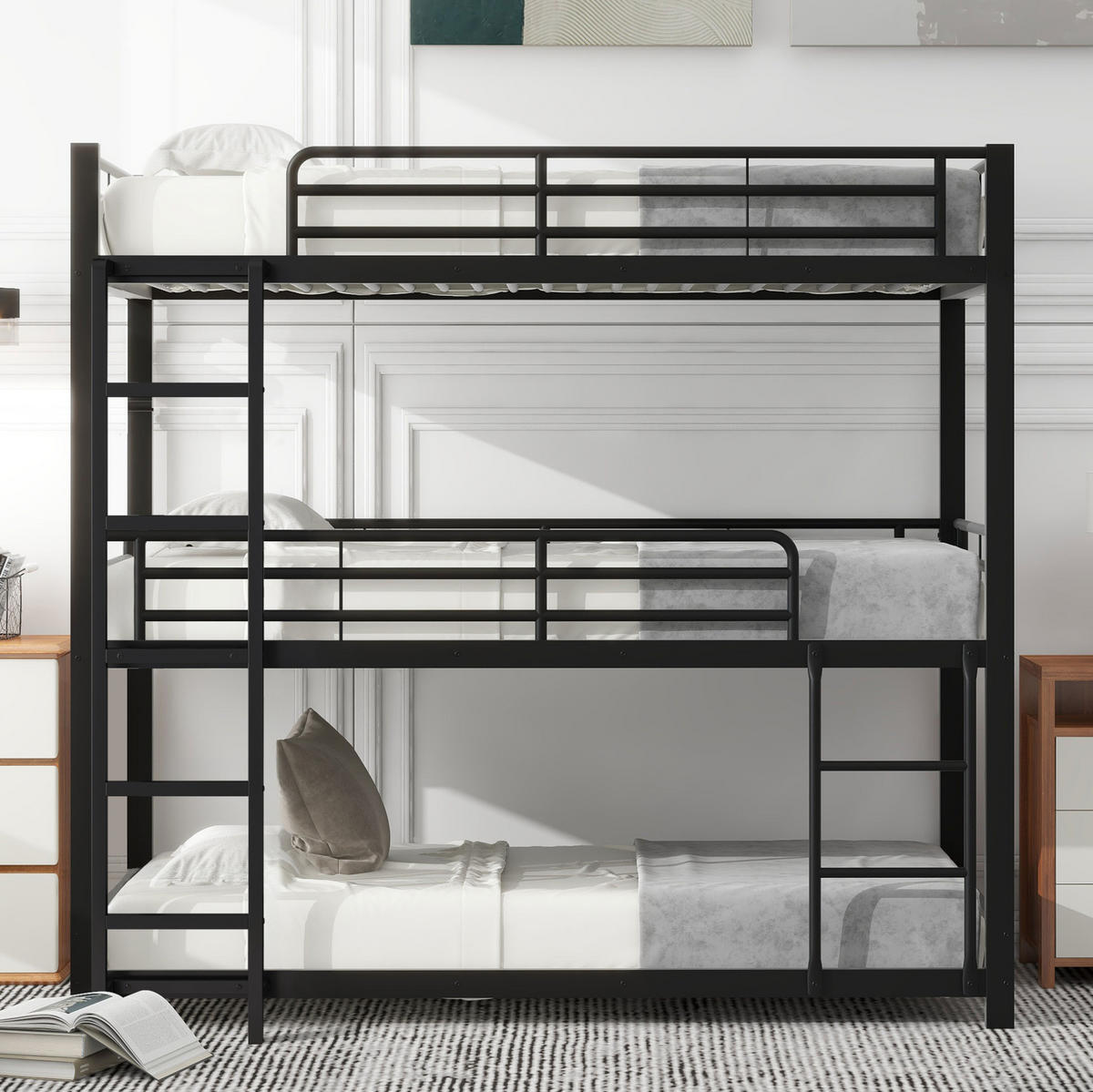 ETAGENBETT Dreifach 90/200 cm Schwarz Metallbett mit Geländern - Schwarz, Metall (90/200cm) - OKWISH