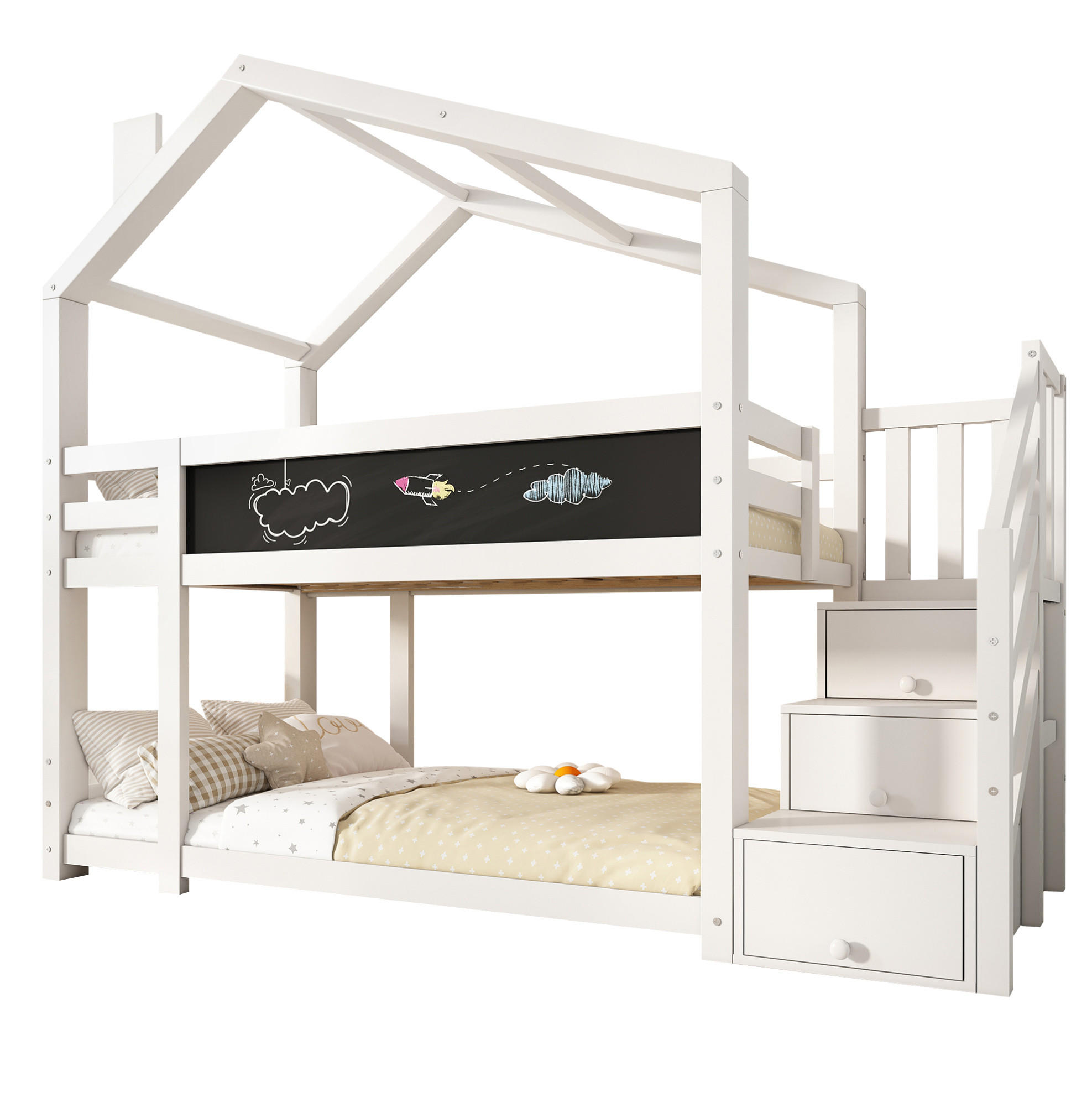 ETAGENBETT im Baumhausstil mit Stauraum 90 x 200 cm Weiß - Weiß, Holzwerkstoff (90/200cm) - Beauniv