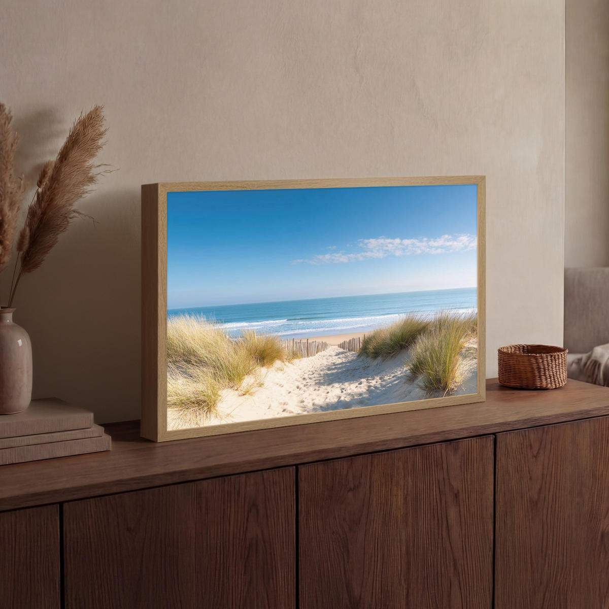 NÁSTĚNNÁ LAMPA S AKUMULÁTOREM Pláž - moře - duny - písek - léto 60x40 cm - písková barva, kompozitní dřevo (60/40/8cm) - OnlyWow